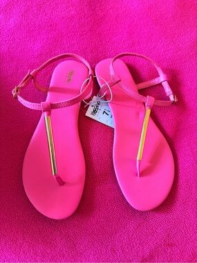 Mossimo Supply Co. Women’s Hot Pink T-Strap Sandals with Gold Accents